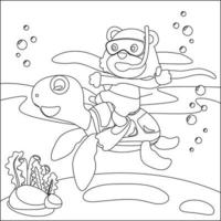 Vector illustration of little turtle and bear are swim in underwater. Creative vector Childish design for kids activity colouring book or page.