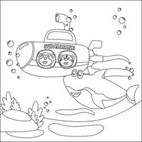 Vector illustration for children's design, submarine with cute sailor. Creative vector Childish design for kids activity colouring book or page.