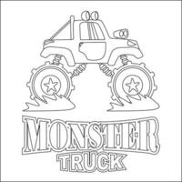 Vector illustration of monster truck with cartoon style. Childish design for kids activity colouring book or page.