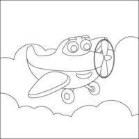 Funny cute airplane is flying in the sky. Cartoon isolated vector illustration, Creative vector Childish design for kids activity colouring book or page.