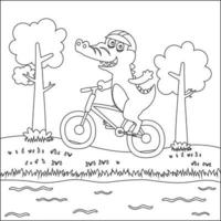 Cute bear riding a red bicycle. Trendy children graphic with Line Art Design Hand Drawing Sketch Vector illustration For Adult And Kids Coloring Book.