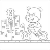 Cute bear riding a red bicycle. Trendy children graphic with Line Art Design Hand Drawing Sketch Vector illustration For Adult And Kids Coloring Book.