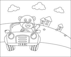 Cute animal cartoon having fun driving a off road car in mountain on sunny day. Cartoon isolated vector illustration, Creative vector Childish design for kids activity colouring book or page.