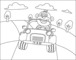 Cute animal cartoon having fun driving a off road car in mountain on sunny day. Cartoon isolated vector illustration, Creative vector Childish design for kids activity colouring book or page.