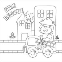 coloring book or page of fire rescue car, cartoon with funny driver, Cartoon isolated vector illustration, Creative vector Childish design for kids activity colouring book or page.