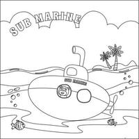 Submarine with cute sailor under sea,  with cartoon style Childish design for kids activity colouring book or page. vector