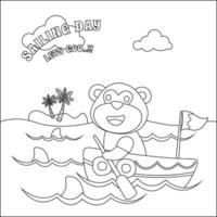 Cute animal sailor on the boat with cartoon style. Creative vector Childish design for kids activity colouring book or page.