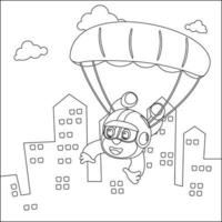 Vector cartoon illustration of skydiving with litlle animal, plane and clouds,  with cartoon style Childish design for kids activity colouring book or page.