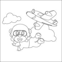 Vector cartoon illustration of skydiving with litlle animal, plane and clouds,  with cartoon style Childish design for kids activity colouring book or page.