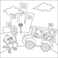 Vector cartoon of funny bear driving car in the road. Childish design for kids activity colouring book or page.