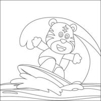 Vector illustration of surfing time with cute little animal at summer. Childish design for kids activity colouring book or page.