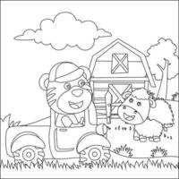 Vector illustration of happy smiling tiger and sheep in the field, Childish design for kids activity colouring book or page.