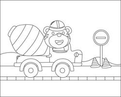 colorante libro o página de mezclador camión dibujos animados con gracioso conductor, dibujos animados aislado vector ilustración, creativo vector infantil diseño para niños actividad colorante libro o página.