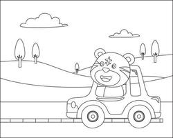 Vector cartoon of funny animal driving car in the road with village landscape. Cartoon isolated vector illustration, Creative vector Childish design for kids activity colouring book or page.