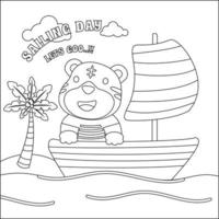 Cute animal sailor on the boat with cartoon style. Creative vector Childish design for kids activity colouring book or page.