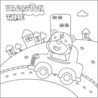 vector dibujos animados de gracioso animal conducción coche en el la carretera con pueblo paisaje. dibujos animados aislado vector ilustración, creativo vector infantil diseño para niños actividad colorante libro o página.