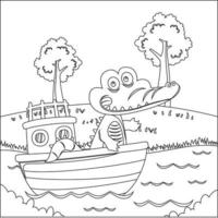 Funny animal cartoon vector on little boat with cartoon style, Funny vector illustration, Vector illustration For Adult And Kids Coloring Book.