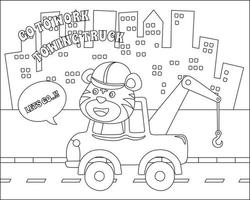 coloring book or page of tow truck cartoon with funny driver, Cartoon isolated vector illustration, Creative vector Childish design for kids activity colouring book or page.