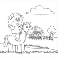 Vector cartoon illustration of animal the cowboy riding a brown horse, Trendy children graphic with Line Art Design Hand Drawing Sketch Vector illustration For Adult And Kids Coloring Book.
