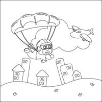 vector dibujos animados ilustración de paracaidismo con litlle animal, avión y nubes, con dibujos animados estilo infantil diseño para niños actividad colorante libro o página.