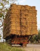 A section of an agricultural vehicle loaded with bales of straw. photo