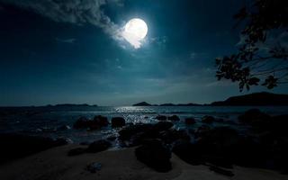 noche a hermosa playa con rocas tranquilo noche terminado Oceano con lleno Luna foto