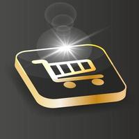 Golden Isometric Shopping basket icon. Trolley Cart symbol button on a black background.  3d Vector