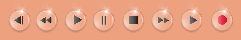 Set of volumetric media player button icons in calming coral colors vector