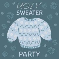 Greeting card for ugly sweater party. Knitted cozy warm sweater with snowflakes vector