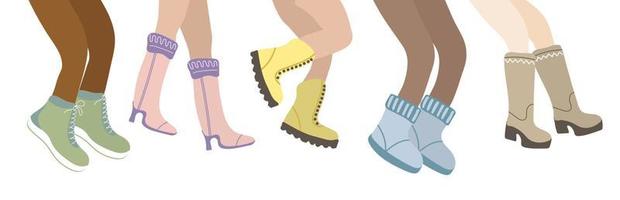 Set of people legs in winter boots. Women legs different skin color in warm shoes vector