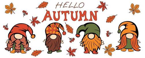 Cute gnomes with autumn leaves and berries vector