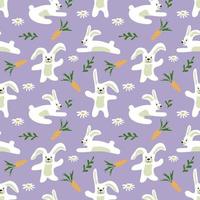 Cute hand drawn seamless pattern with funny bunnies, flowers, carrots and daisies vector