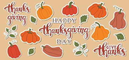 Set of Thanksgiving stickers. Collection of cute pumpkins and calligraphy vector