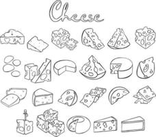 queso aislado en un blanco fondo, mano dibujado queso contorno vector ilustración. queso bosquejo, garabatear recopilación, conjunto de queso iconos