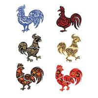 conjunto de gallos, gallinas con étnico cuadro, vector ilustración