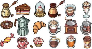 Color coffee and sweet food Handwritten cafe stuff set.  illustration vector