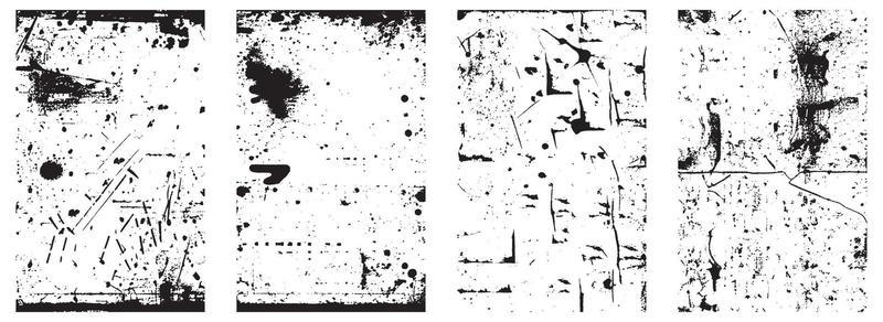 Set of Grunge Distress Vector Textures. Black and White Backgrounds with Splatter, Scratch and Stain Effects. EPS 10.