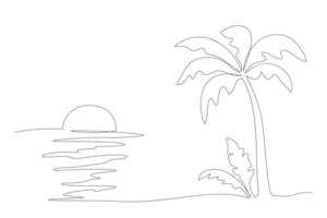 Vector illustration of one line drawing of beach with palm tree and sunset. Beach background. Summer tourism concept