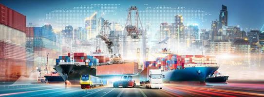 Global Business Network Distribution and Technology Digital Future of Cargo Containers Logistics Transport Concept, Double Exposure of Freight Ship, Modern Futuristic Transportation Import Export photo