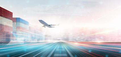 Technology Digital Future of Cargo Plane Logistics Transport Concept, Airplane taking off from Airport runway, Modern Futuristic Transportation Import Export Background, Global Business Distribution photo