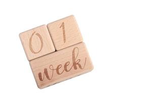 A wooden block showing the date of birth of a newborn child on a white background. photo