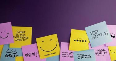 Customer Experience Concept. Happy Clients stick Many Sticky Notes with Positive Review on Board. Feedback for Satisfaction Surveys. photo