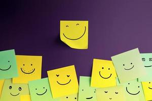 Happiness Day Concept. Happy and Positive Mind, Well Mental Health. Enjoying Life Everyday. Smiling Face Sticky Note on Board photo