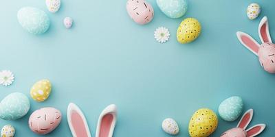 Easter party concept. Top view photo of easter bunny ears white pink blue and yellow eggs on isolated pastel blue background with copy space. 3d rendering.