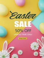 Easter Sale Illustration with Color Painted Egg, Spring Flower and Rabbit Ears on Colorful Background. Holiday Design Template for Coupon, Banner, Voucher or Promotional Poster. 3d rendering. photo