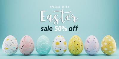 Easter sale banner design. Easter sale text up to 50percent off promotion with 3d realistic eggs for seasonal shop discount advertisement. 3d rendering. photo