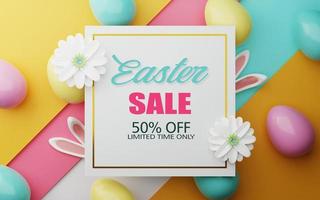 Easter Sale Illustration with Color Painted Egg, Spring Flower and Rabbit Ears on Colorful Background. Holiday Design Template for Coupon, Banner, Voucher or Promotional Poster. 3d rendering. photo