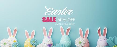 Easter sale banner design. Easter sale text up to 50percent off promotion with 3d realistic bunny and eggs for seasonal shop discount advertisement. 3d rendering. photo