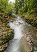 A stream surrounded by green trees and stones covered with moss photo