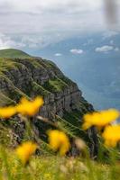 A steep cliff overgrown with grass under a cloudy sky photo